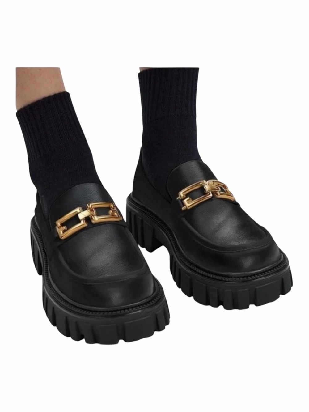 Lattelier Black Leather Platform Loafers with Chunky Sole Gold Chain - Size 7